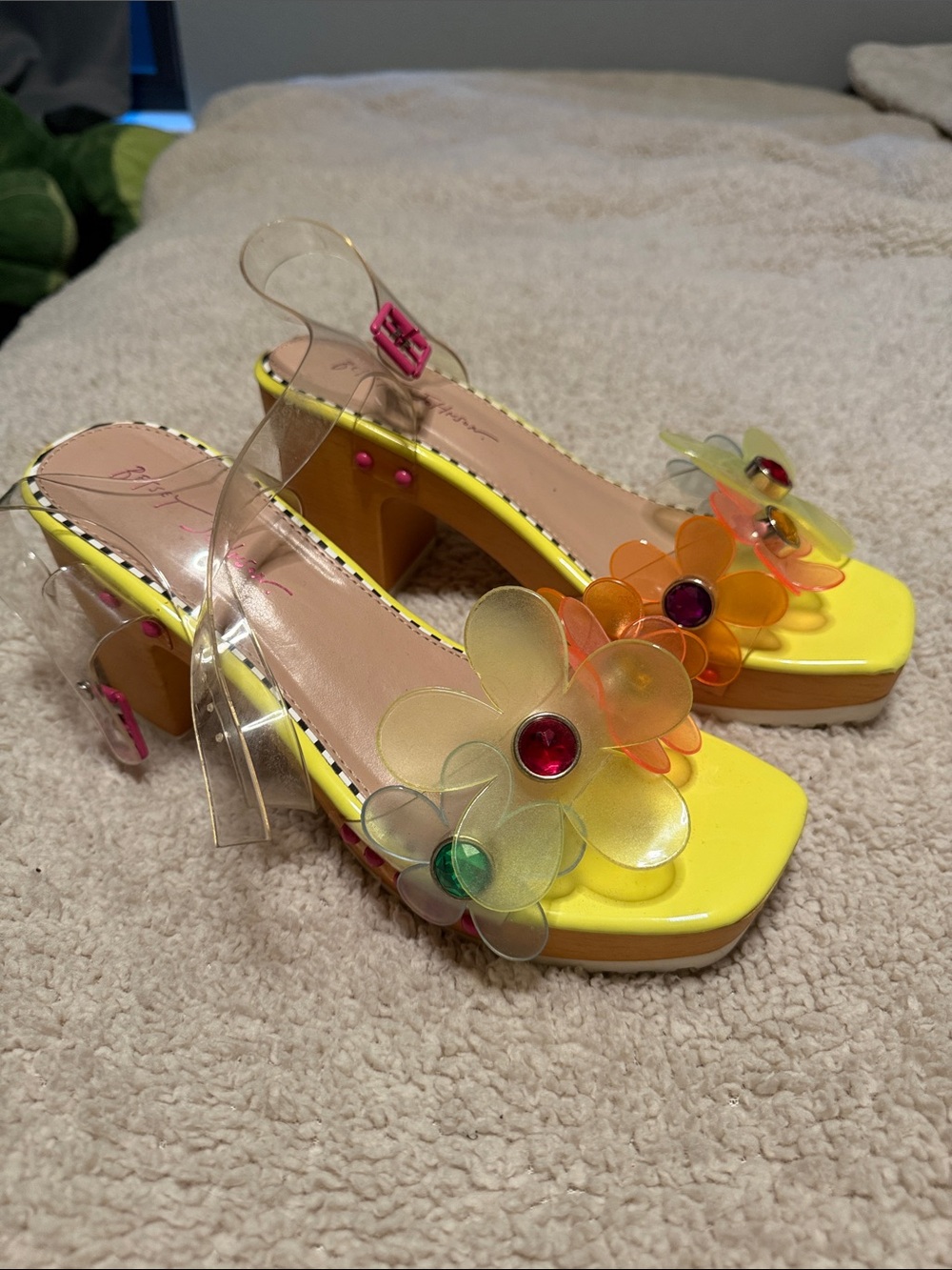 Betsey Johnson Yellow Floral Jewel Block Heel Sandals